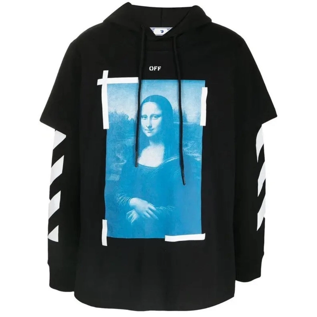 Off White Mens Blue Monalisa Double Tee Skate Fit Black Hoodie Cotton - Size X-Small